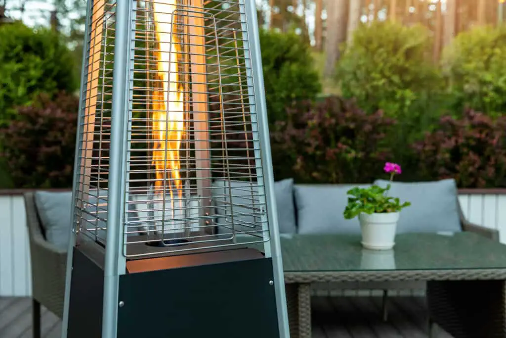 Pyramid heater on a patio showing the difference between a pyramid or patio heater.  