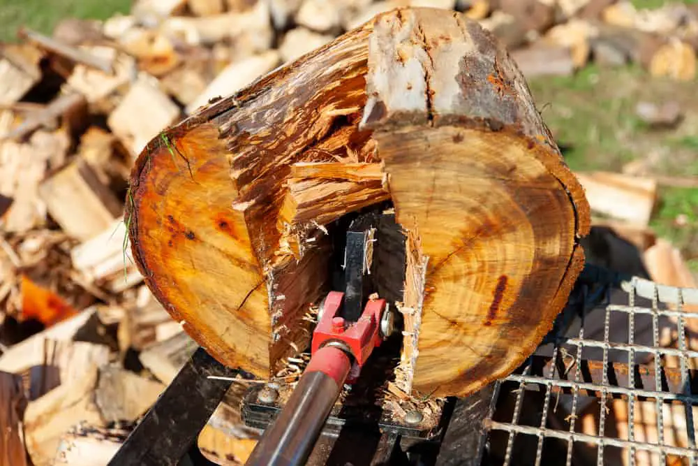 Log splitter cutting into large log outdoor life
