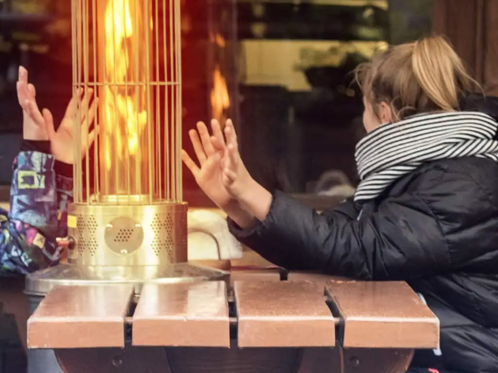 People sitting outside showing patio heaters work in the winter.