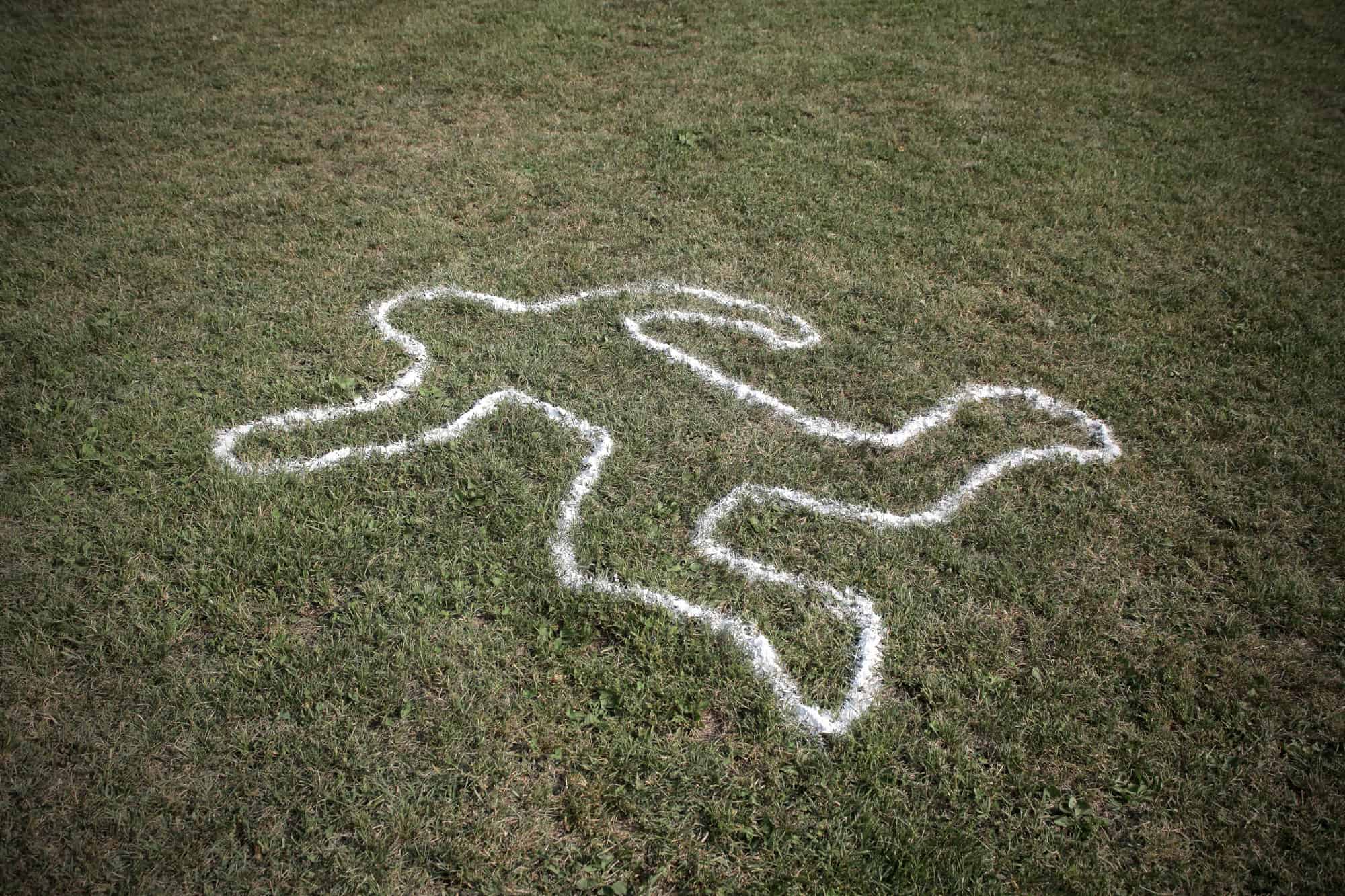 Picture of dead grass and a chalk outline of body on the dead grass