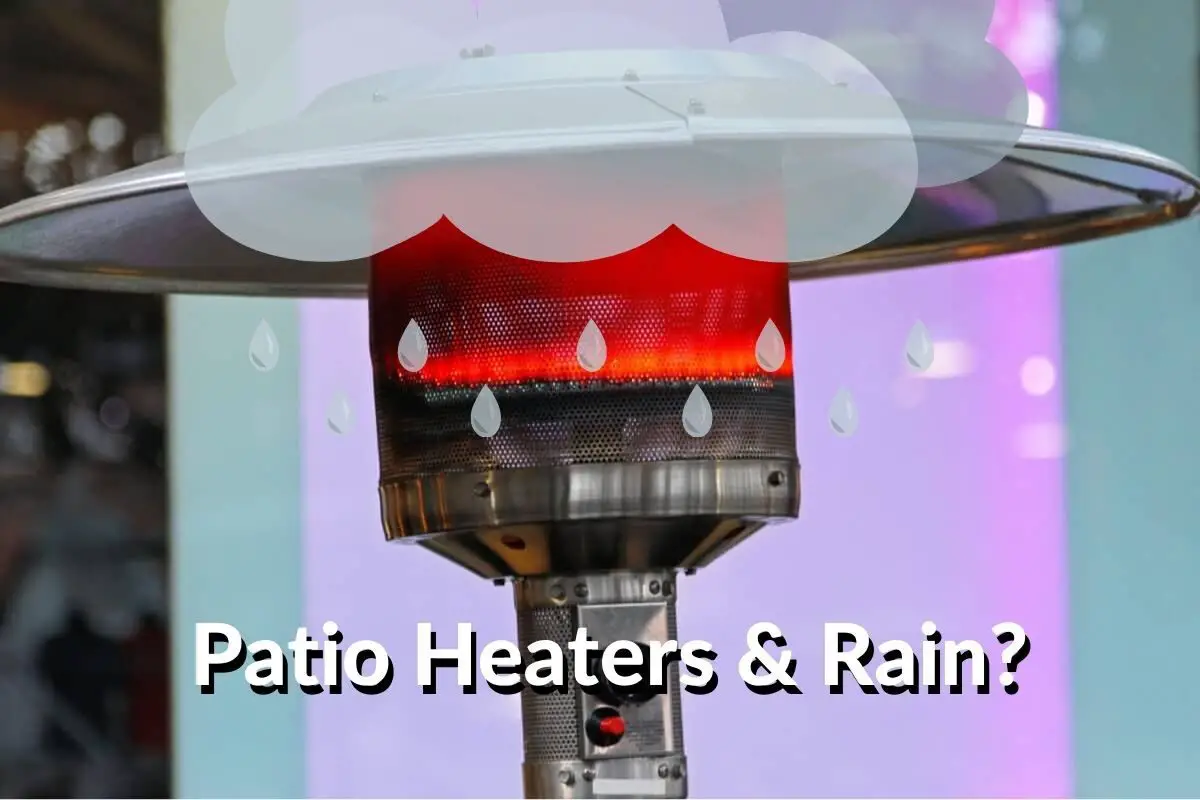 Close up of an outdoor patio heater in the rain with a cloud over top and text stating: "Patio Heaters & Rain?"