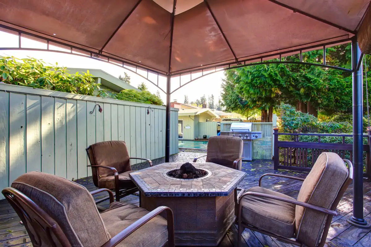 Fire pit under Gazebo with patio furniture surrounding it in backyard