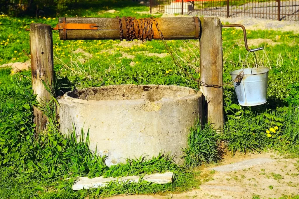 Close up of a well with bucket on side in backyard garden area