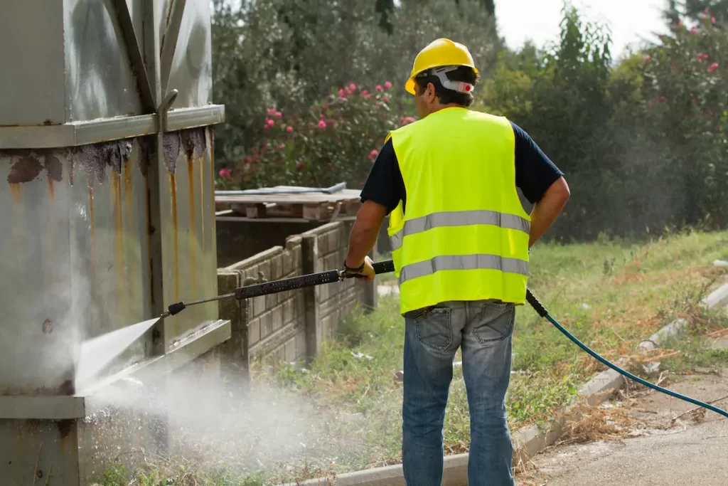 Construction man removing paint from metal with a pressure washer.