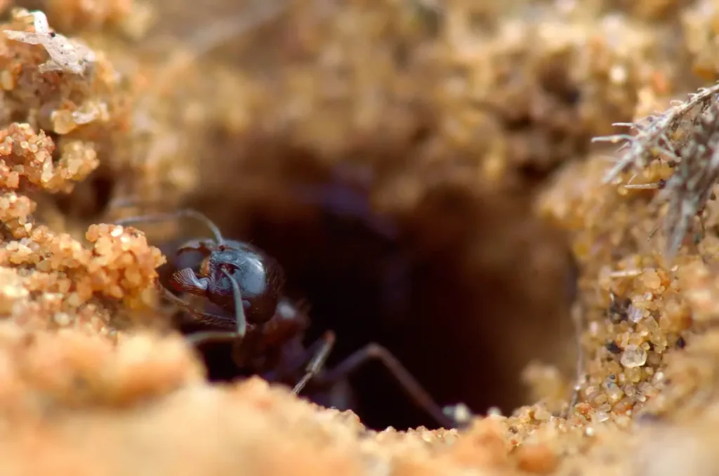 A close up of an ant by the ant hole as an example where using bleach to kill ants may work.