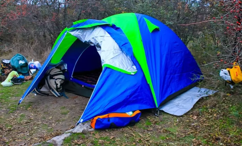 large blue green camping tent