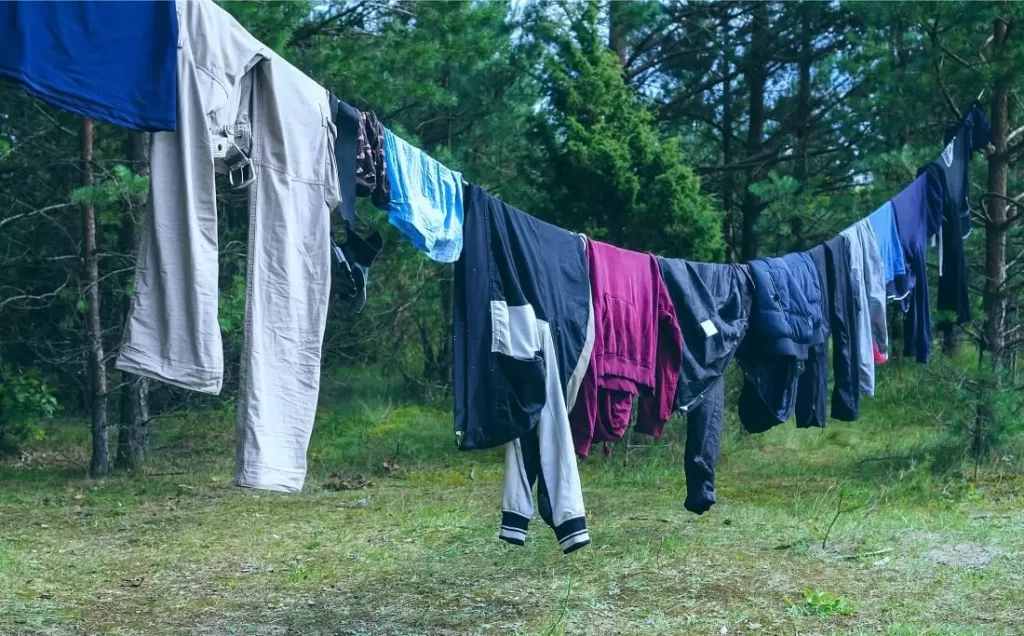 wet clothes on a hanging line outdoors